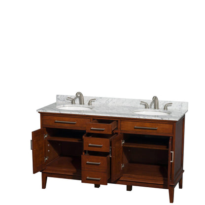 Wyndham Collection Hatton 60" Double Bathroom Vanity in Light Chestnut, White Carrara Marble Countertop, Undermount Oval Sinks, and No Mirror