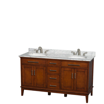 Wyndham Collection Hatton 60" Double Bathroom Vanity in Light Chestnut, White Carrara Marble Countertop, Undermount Oval Sinks, and No Mirror