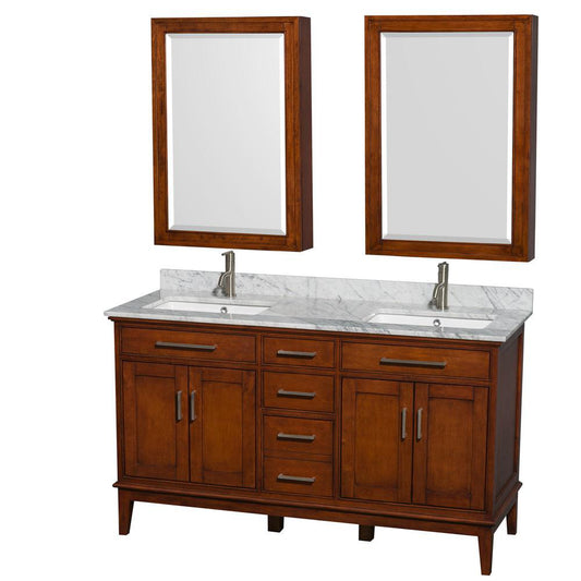 Wyndham Collection Hatton 60" Double Bathroom Vanity in Light Chestnut, White Carrara Marble Countertop, Undermount Square Sinks, 24" Medicine Cabinet