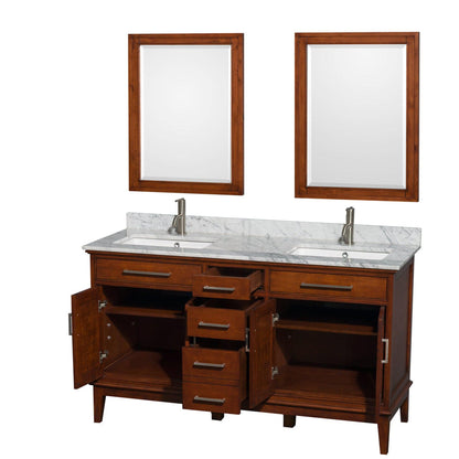 Wyndham Collection Hatton 60" Double Bathroom Vanity in Light Chestnut, White Carrara Marble Countertop, Undermount Square Sinks, and 24" Mirror