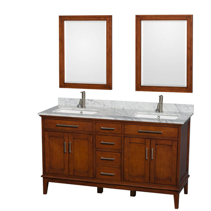 Wyndham Collection Hatton 60" Double Bathroom Vanity in Light Chestnut, White Carrara Marble Countertop, Undermount Square Sinks, and 24" Mirror