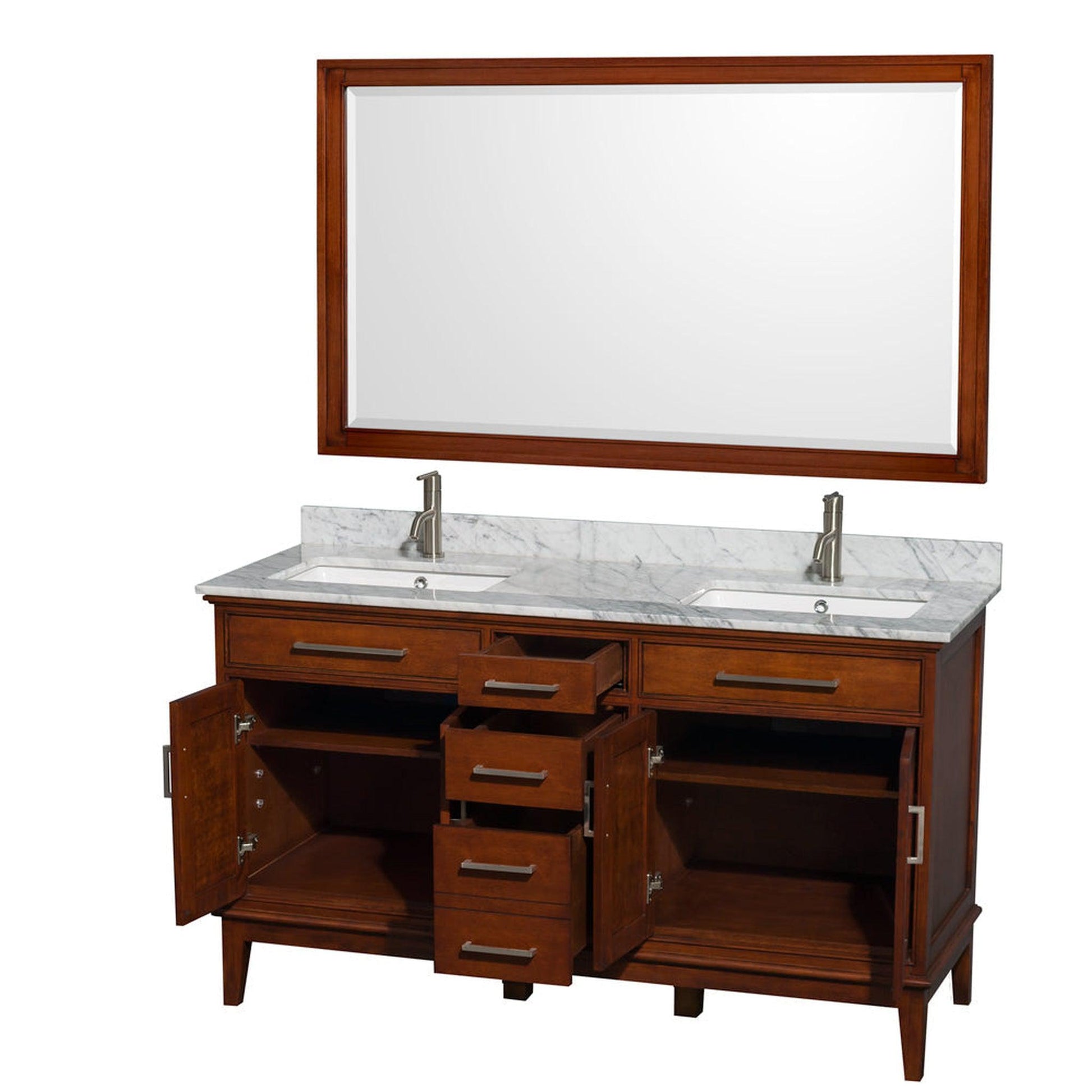 Wyndham Collection Hatton 60" Double Bathroom Vanity in Light Chestnut, White Carrara Marble Countertop, Undermount Square Sinks, and 56" Mirror