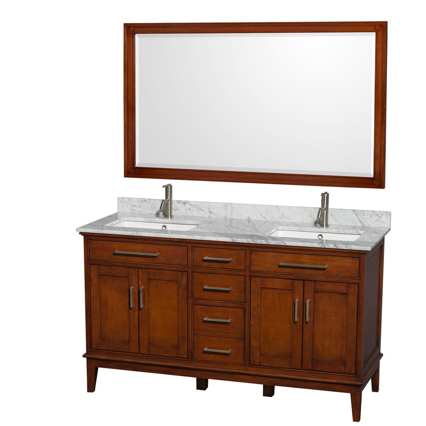 Wyndham Collection Hatton 60" Double Bathroom Vanity in Light Chestnut, White Carrara Marble Countertop, Undermount Square Sinks, and 56" Mirror