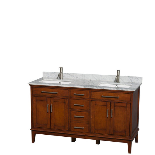 Wyndham Collection Hatton 60" Double Bathroom Vanity in Light Chestnut, White Carrara Marble Countertop, Undermount Square Sinks, and No Mirror