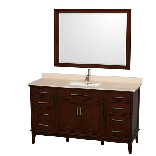 Wyndham Collection Hatton 60" Single Bathroom Vanity in Dark Chestnut, Ivory Marble Countertop, Undermount Square Sink, and 44" Mirror