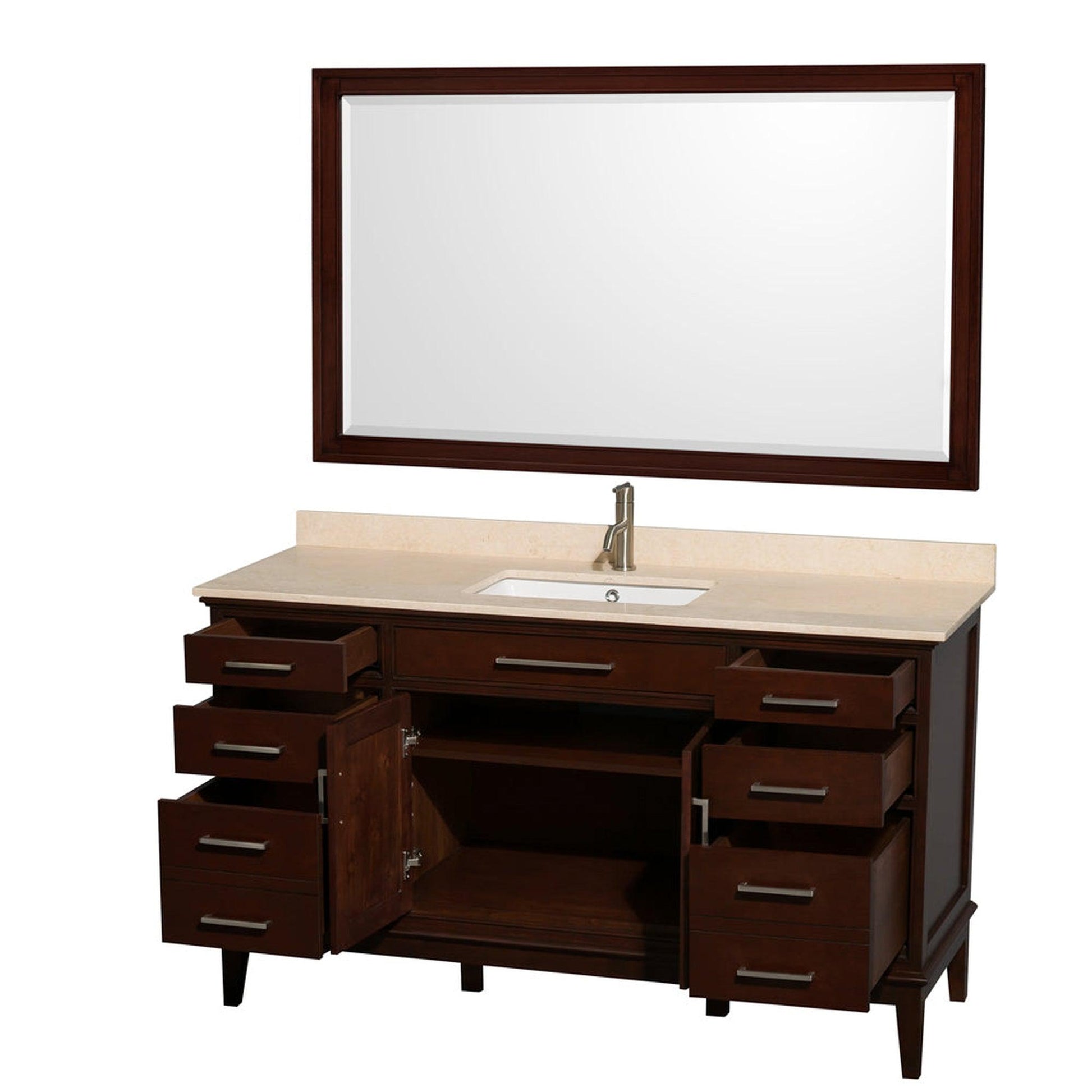 Wyndham Collection Hatton 60" Single Bathroom Vanity in Dark Chestnut, Ivory Marble Countertop, Undermount Square Sink, and 56" Mirror