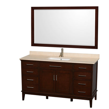 Wyndham Collection Hatton 60" Single Bathroom Vanity in Dark Chestnut, Ivory Marble Countertop, Undermount Square Sink, and 56" Mirror