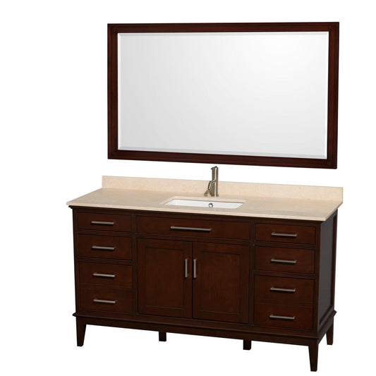 Wyndham Collection Hatton 60" Single Bathroom Vanity in Dark Chestnut, Ivory Marble Countertop, Undermount Square Sink, and 56" Mirror
