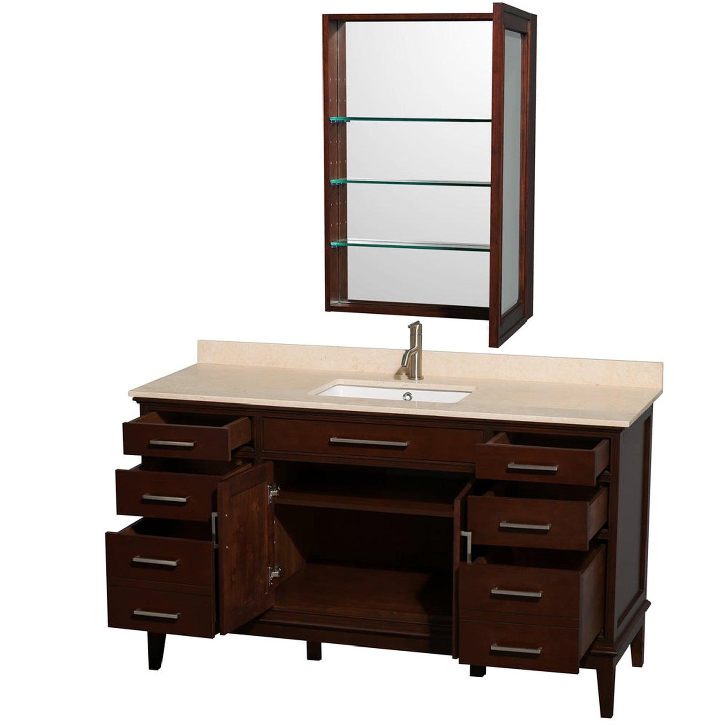 Wyndham Collection Hatton 60" Single Bathroom Vanity in Dark Chestnut, Ivory Marble Countertop, Undermount Square Sink, and Medicine Cabinet