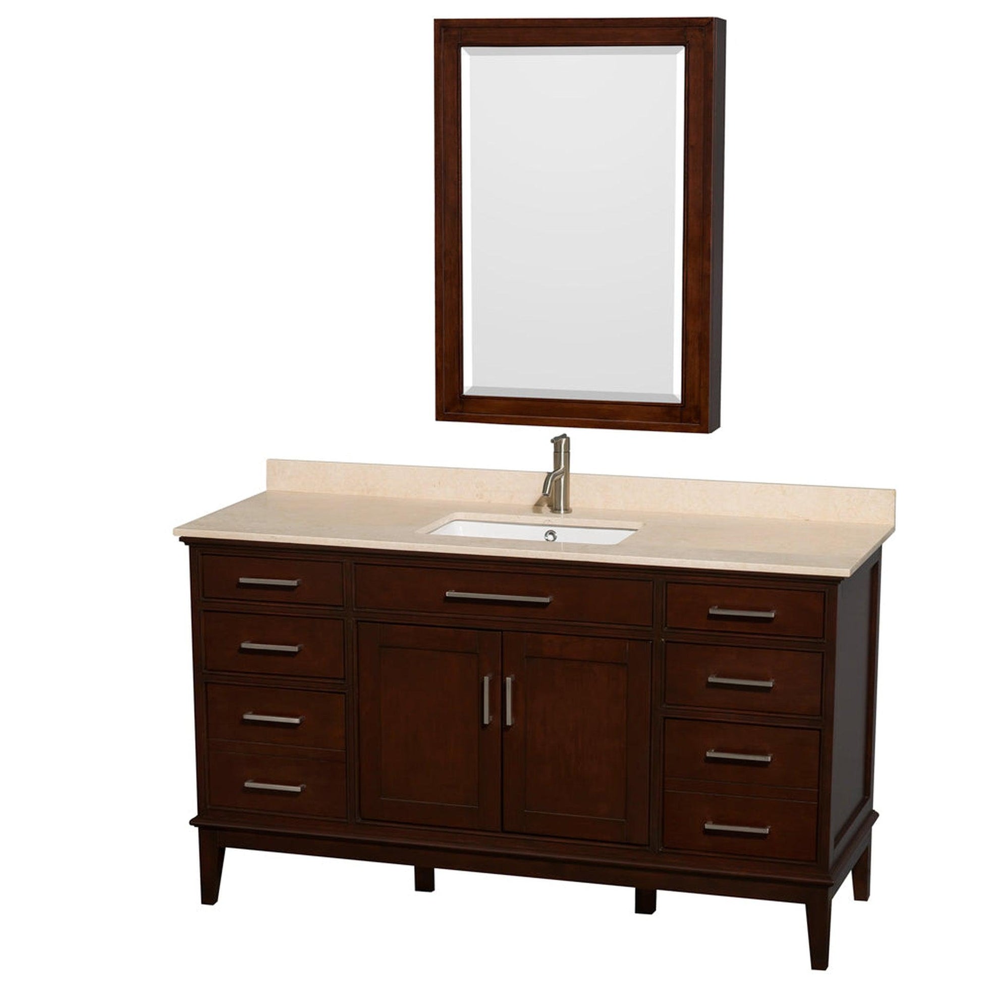 Wyndham Collection Hatton 60" Single Bathroom Vanity in Dark Chestnut, Ivory Marble Countertop, Undermount Square Sink, and Medicine Cabinet