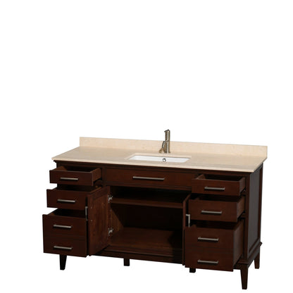 Wyndham Collection Hatton 60" Single Bathroom Vanity in Dark Chestnut, Ivory Marble Countertop, Undermount Square Sink, and No Mirror