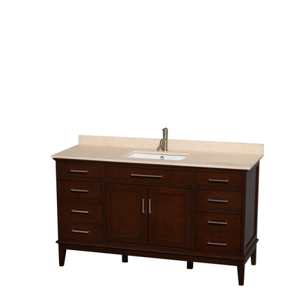 Wyndham Collection Hatton 60" Single Bathroom Vanity in Dark Chestnut, Ivory Marble Countertop, Undermount Square Sink, and No Mirror