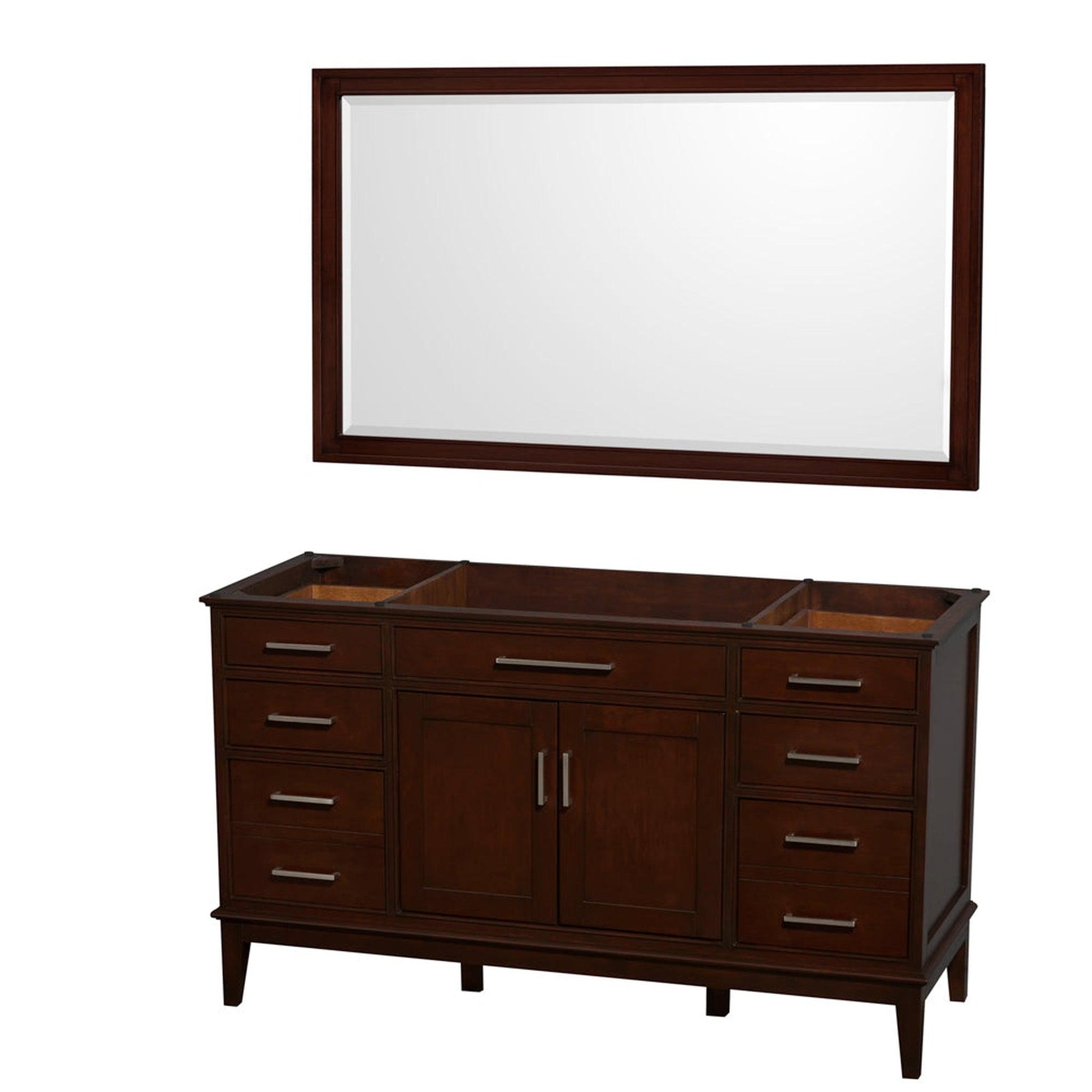 Wyndham Collection Hatton 60" Single Bathroom Vanity in Dark Chestnut, No Countertop, No Sink, and 56" Mirror