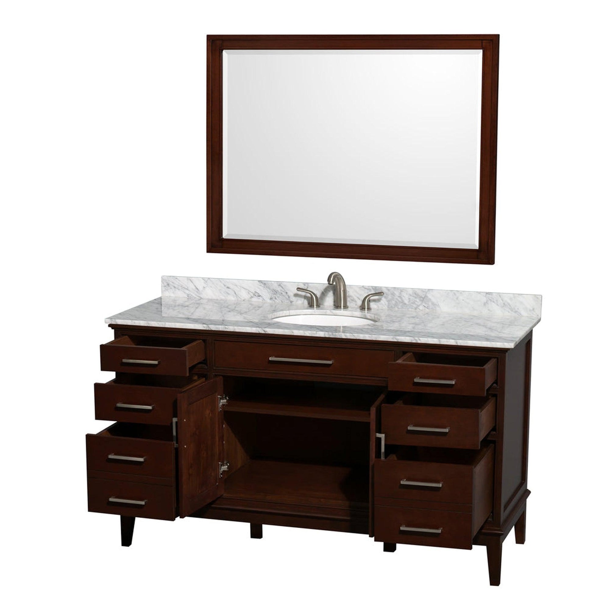 Wyndham Collection Hatton 60" Single Bathroom Vanity in Dark Chestnut, White Carrara Marble Countertop, Undermount Oval Sink, and 44" Mirror