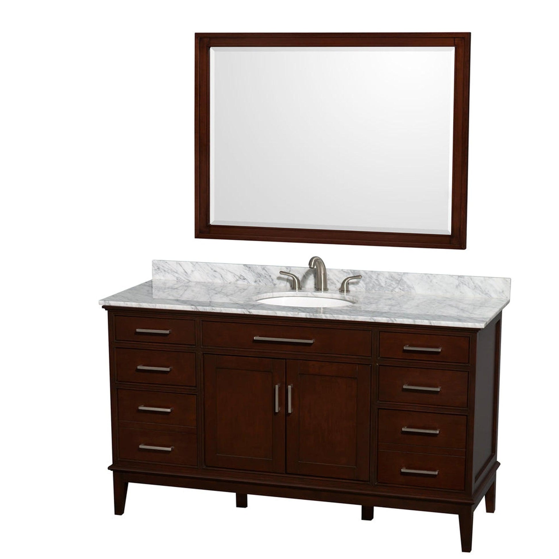 Wyndham Collection Hatton 60" Single Bathroom Vanity in Dark Chestnut, White Carrara Marble Countertop, Undermount Oval Sink, and 44" Mirror