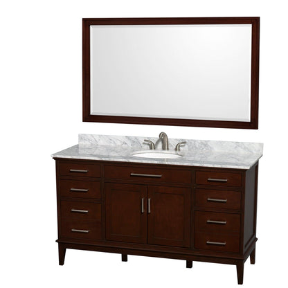 Wyndham Collection Hatton 60" Single Bathroom Vanity in Dark Chestnut, White Carrara Marble Countertop, Undermount Oval Sink, and 56" Mirror