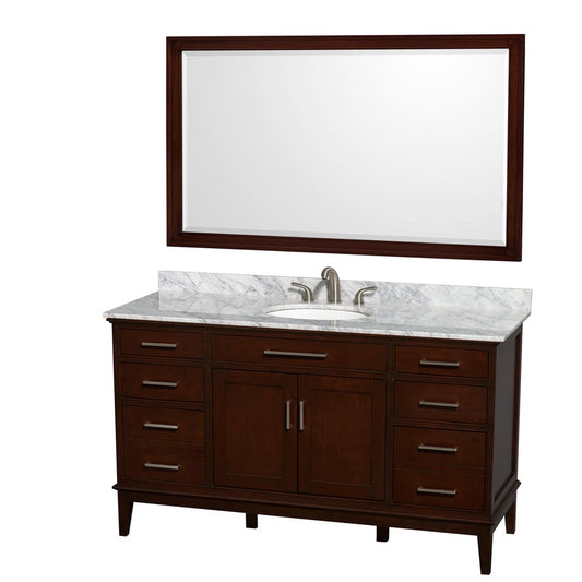 Wyndham Collection Hatton 60" Single Bathroom Vanity in Dark Chestnut, White Carrara Marble Countertop, Undermount Oval Sink, and 56" Mirror