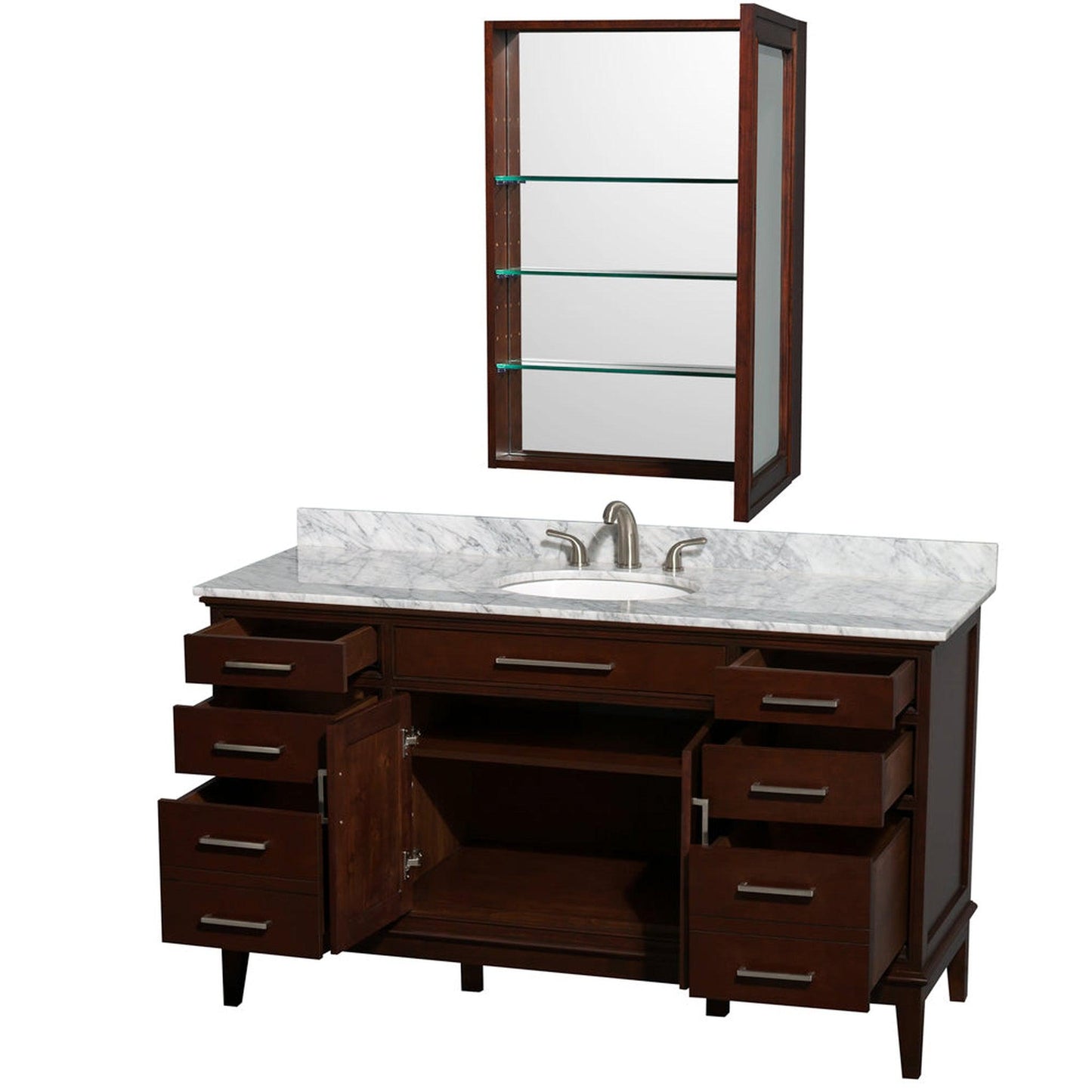 Wyndham Collection Hatton 60" Single Bathroom Vanity in Dark Chestnut, White Carrara Marble Countertop, Undermount Oval Sink, and Medicine Cabinet