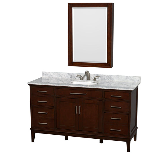 Wyndham Collection Hatton 60" Single Bathroom Vanity in Dark Chestnut, White Carrara Marble Countertop, Undermount Oval Sink, and Medicine Cabinet