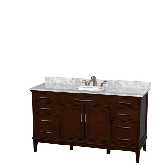 Wyndham Collection Hatton 60" Single Bathroom Vanity in Dark Chestnut, White Carrara Marble Countertop, Undermount Oval Sink, and No Mirror