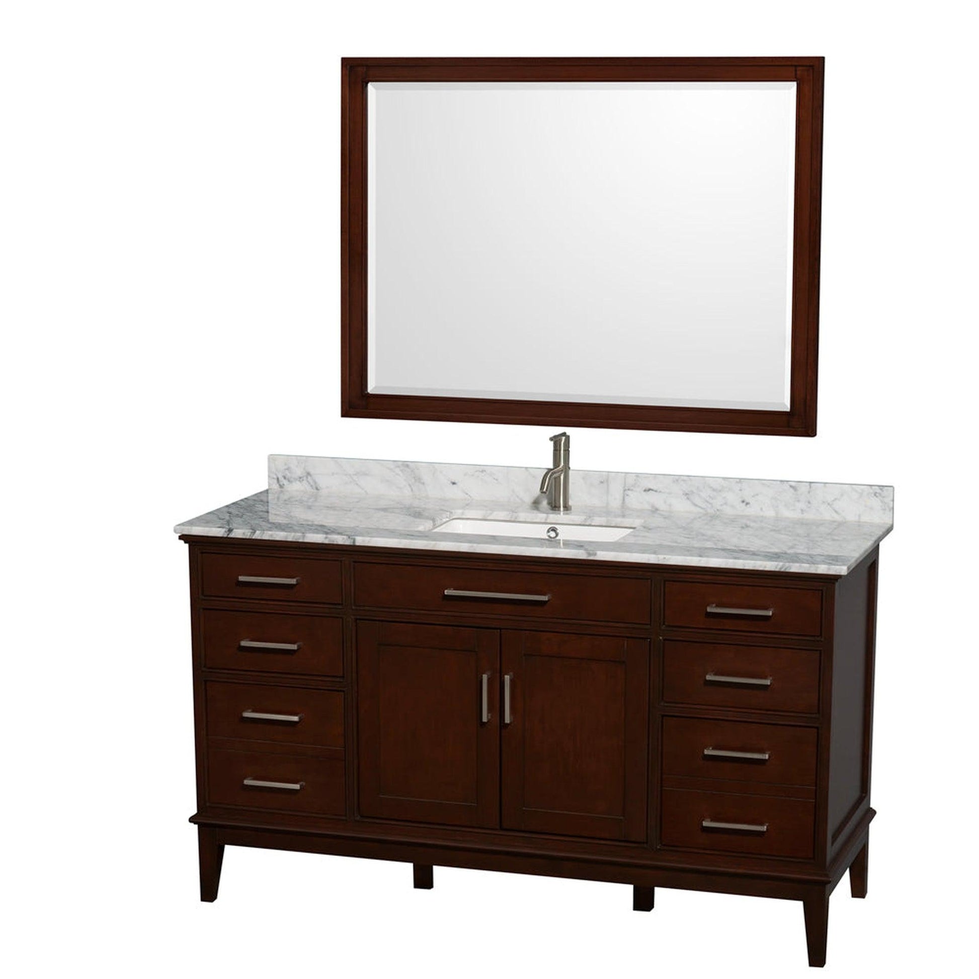 Wyndham Collection Hatton 60" Single Bathroom Vanity in Dark Chestnut, White Carrara Marble Countertop, Undermount Square Sink, and 44" Mirror