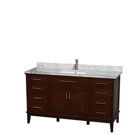 Wyndham Collection Hatton 60" Single Bathroom Vanity in Dark Chestnut, White Carrara Marble Countertop, Undermount Square Sink, and No Mirror