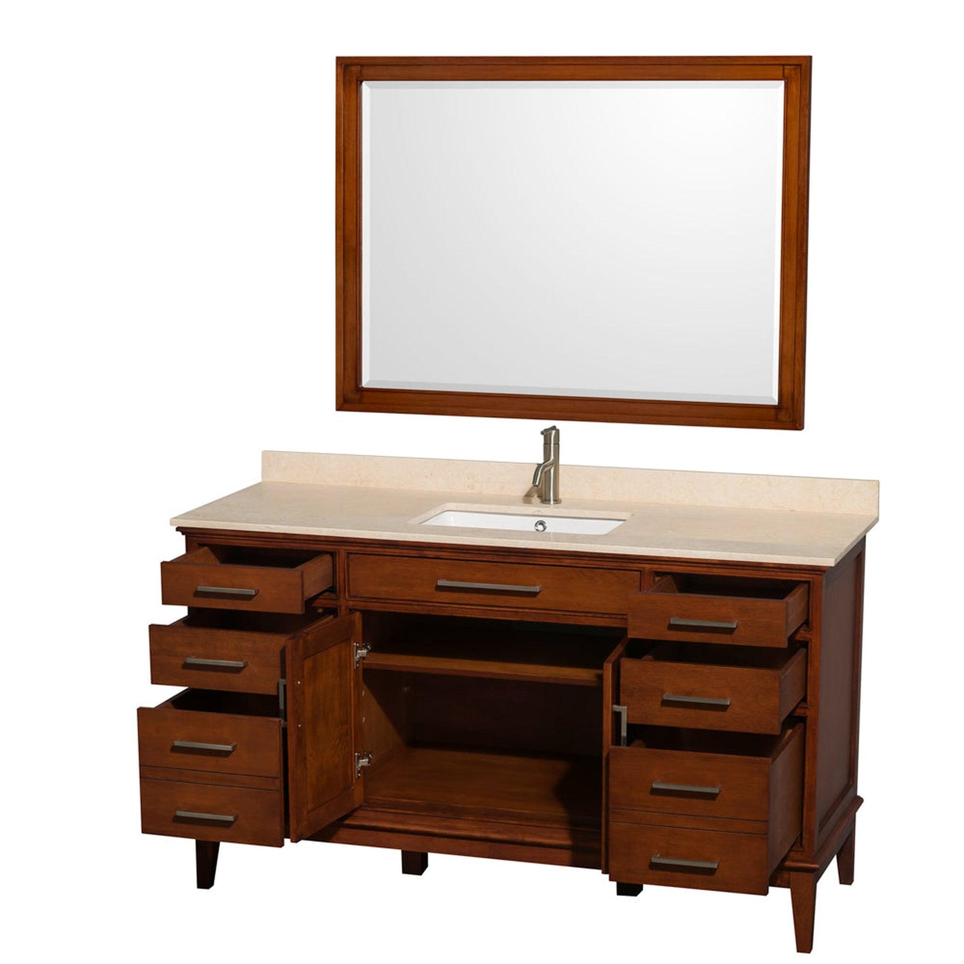 Wyndham Collection Hatton 60" Single Bathroom Vanity in Light Chestnut, Ivory Marble Countertop, Undermount Square Sink, and 44" Mirror