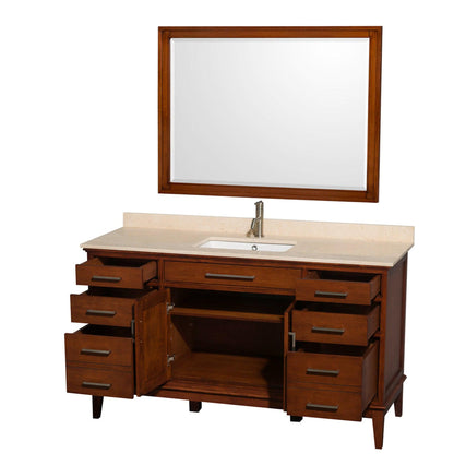 Wyndham Collection Hatton 60" Single Bathroom Vanity in Light Chestnut, Ivory Marble Countertop, Undermount Square Sink, and 44" Mirror