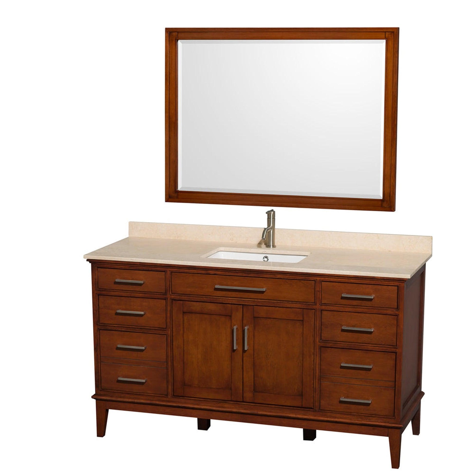 Wyndham Collection Hatton 60" Single Bathroom Vanity in Light Chestnut, Ivory Marble Countertop, Undermount Square Sink, and 44" Mirror