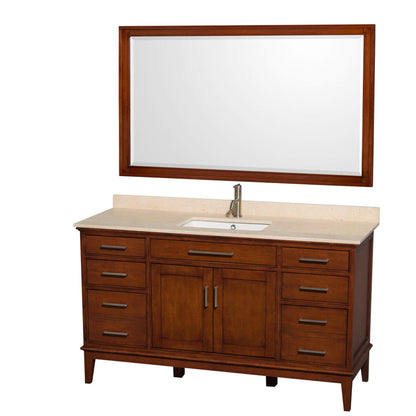 Wyndham Collection Hatton 60" Single Bathroom Vanity in Light Chestnut, Ivory Marble Countertop, Undermount Square Sink, and 56" Mirror