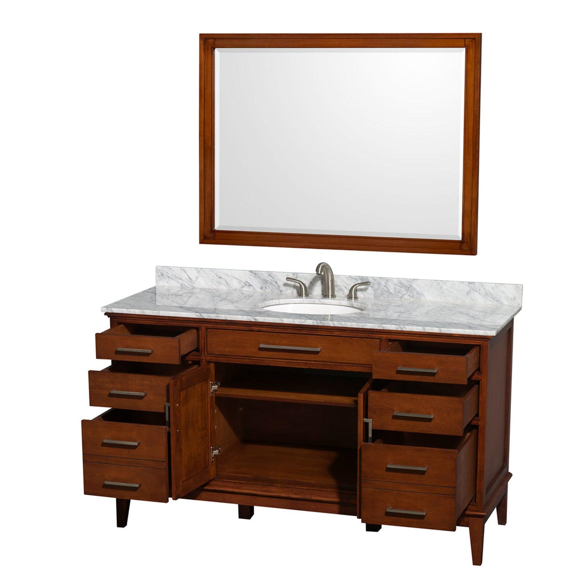 Wyndham Collection Hatton 60" Single Bathroom Vanity in Light Chestnut, White Carrara Marble Countertop, Undermount Oval Sink, and 44" Mirror