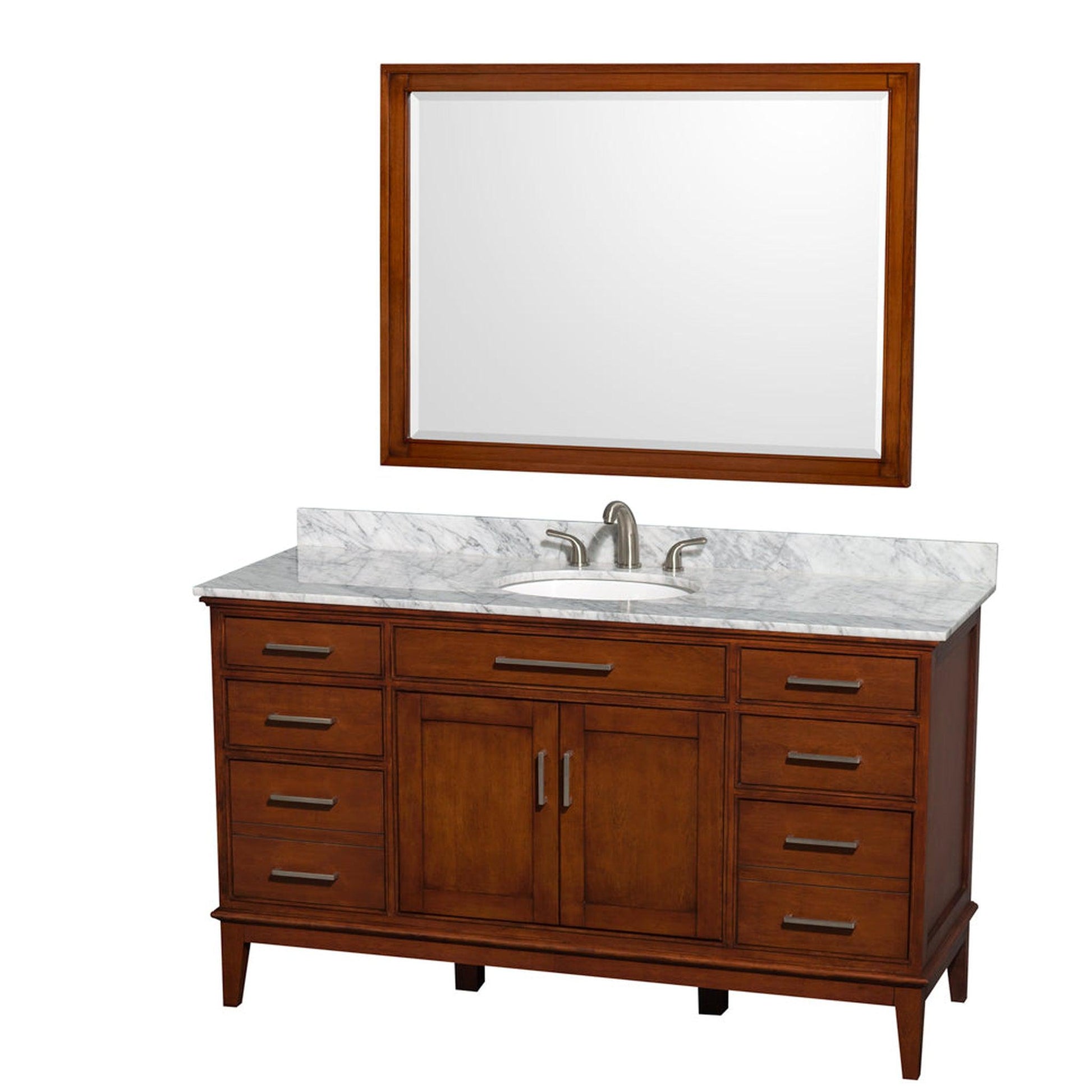 Wyndham Collection Hatton 60" Single Bathroom Vanity in Light Chestnut, White Carrara Marble Countertop, Undermount Oval Sink, and 44" Mirror