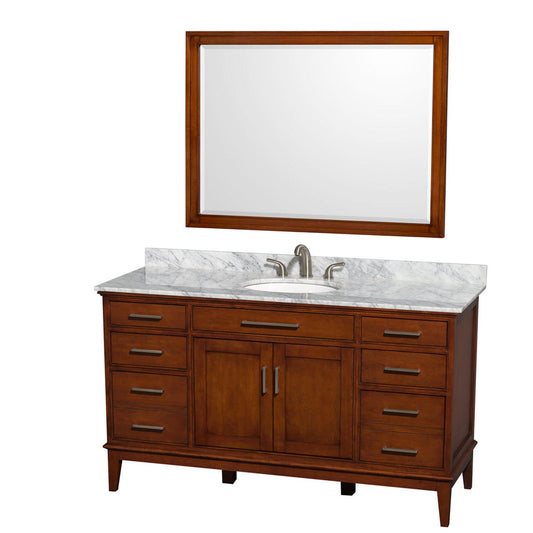 Wyndham Collection Hatton 60" Single Bathroom Vanity in Light Chestnut, White Carrara Marble Countertop, Undermount Oval Sink, and 44" Mirror