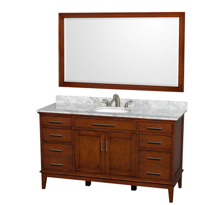 Wyndham Collection Hatton 60" Single Bathroom Vanity in Light Chestnut, White Carrara Marble Countertop, Undermount Oval Sink, and 56" Mirror