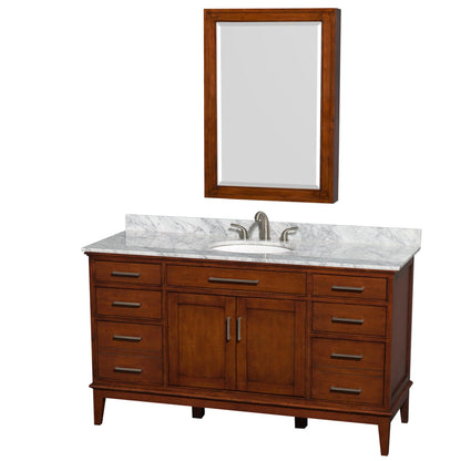 Wyndham Collection Hatton 60" Single Bathroom Vanity in Light Chestnut, White Carrara Marble Countertop, Undermount Oval Sink, and Medicine Cabinet