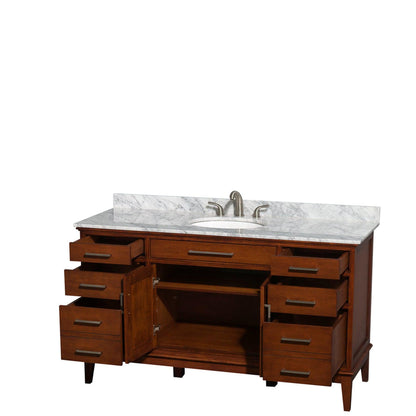 Wyndham Collection Hatton 60" Single Bathroom Vanity in Light Chestnut, White Carrara Marble Countertop, Undermount Oval Sink, and No Mirror