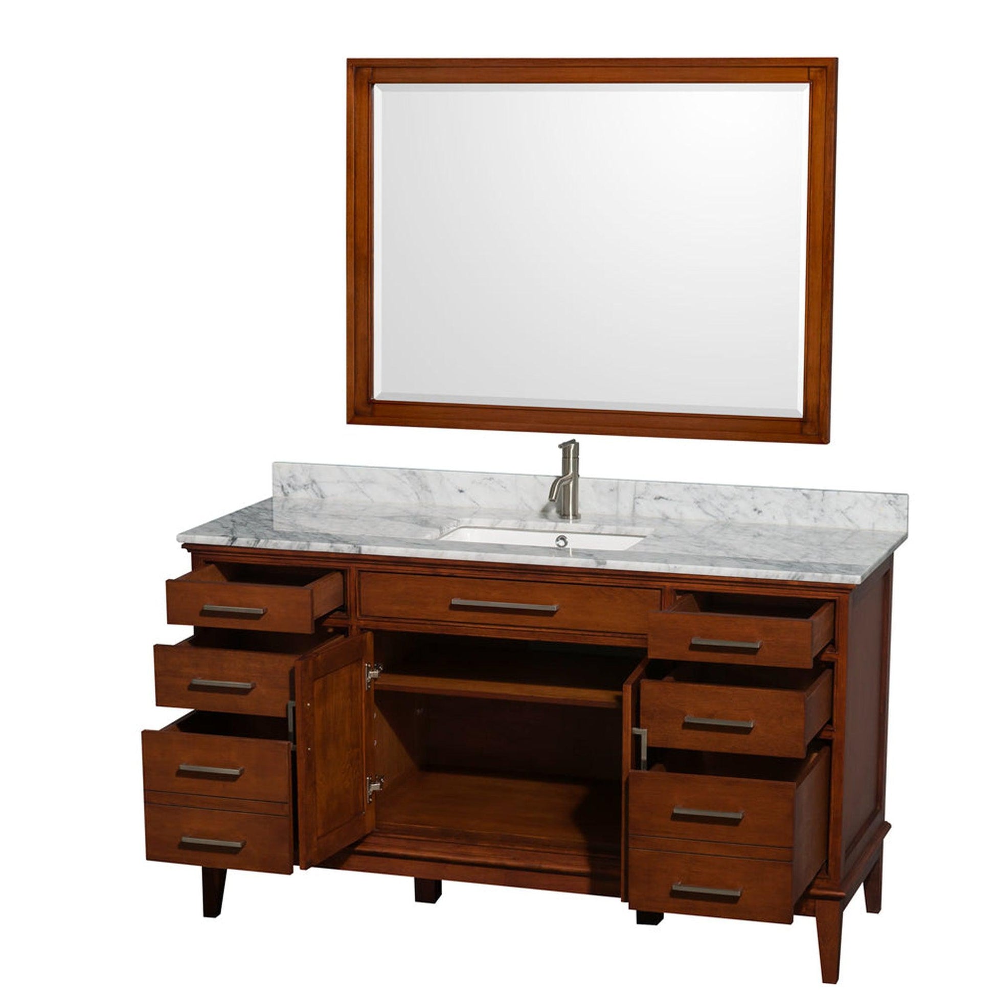 Wyndham Collection Hatton 60" Single Bathroom Vanity in Light Chestnut, White Carrara Marble Countertop, Undermount Square Sink, and 44" Mirror