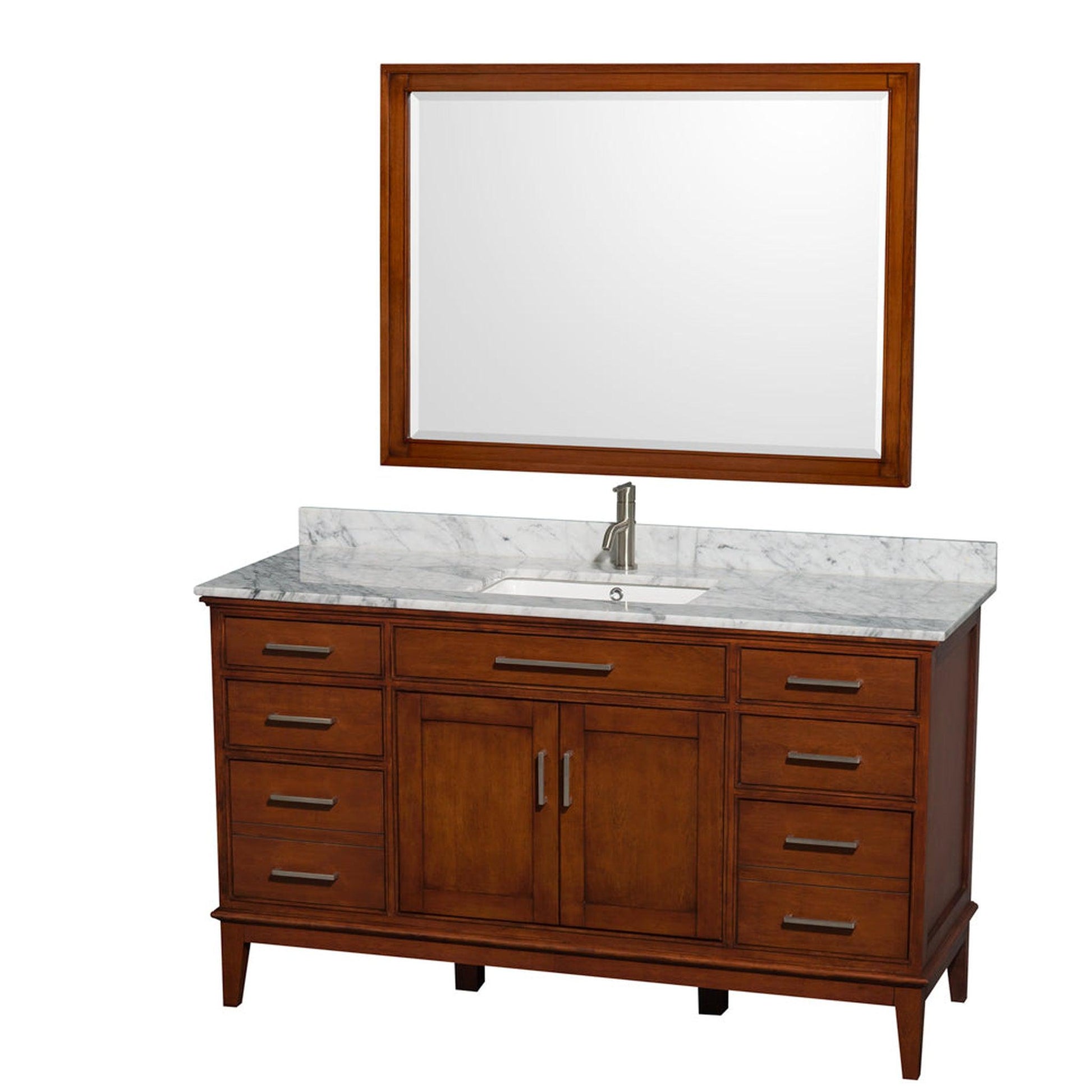 Wyndham Collection Hatton 60" Single Bathroom Vanity in Light Chestnut, White Carrara Marble Countertop, Undermount Square Sink, and 44" Mirror