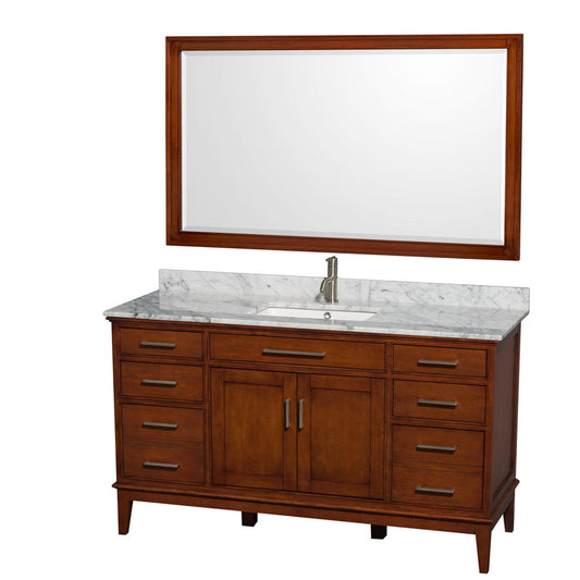 Wyndham Collection Hatton 60" Single Bathroom Vanity in Light Chestnut, White Carrara Marble Countertop, Undermount Square Sink, and 56" Mirror