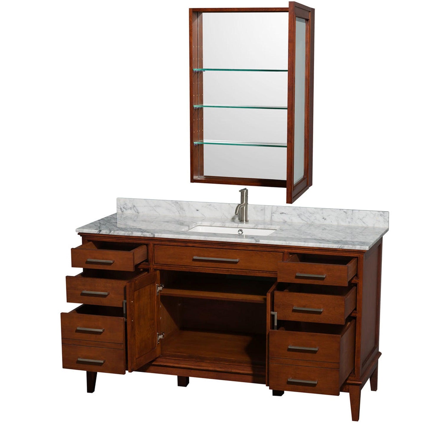 Wyndham Collection Hatton 60" Single Bathroom Vanity in Light Chestnut, White Carrara Marble Countertop, Undermount Square Sink, and Medicine Cabinet