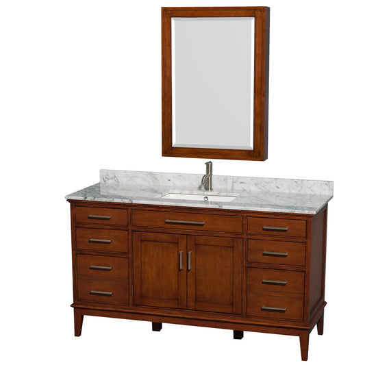 Wyndham Collection Hatton 60" Single Bathroom Vanity in Light Chestnut, White Carrara Marble Countertop, Undermount Square Sink, and Medicine Cabinet