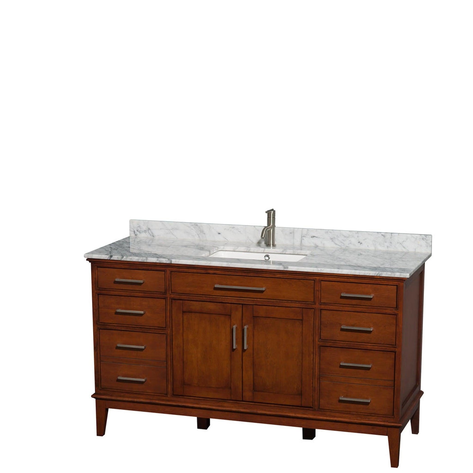 Wyndham Collection Hatton 60" Single Bathroom Vanity in Light Chestnut, White Carrara Marble Countertop, Undermount Square Sink, and No Mirror