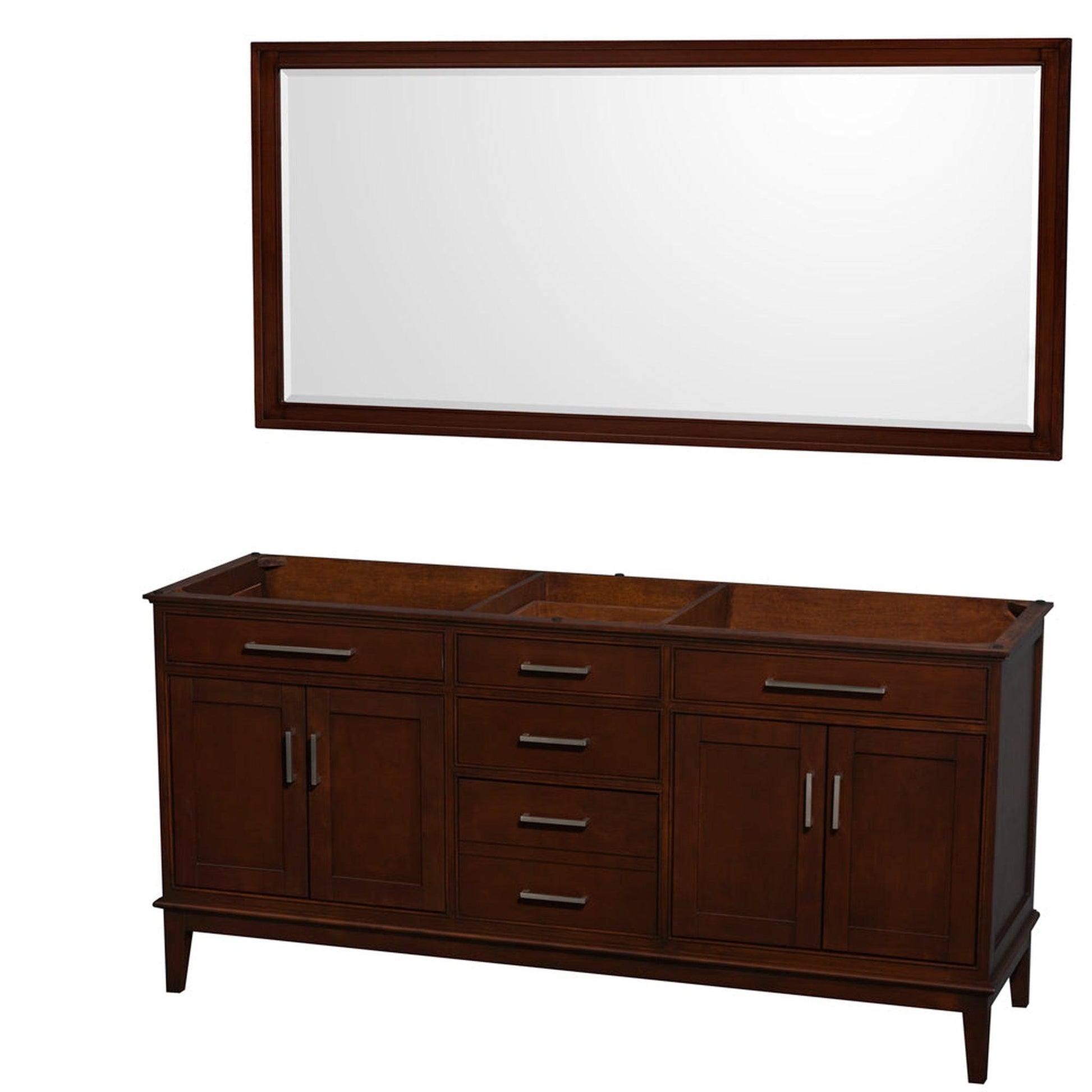 Wyndham Collection Hatton 72" Double Bathroom Vanity in Dark Chestnut, No Countertop, No Sinks, and 70" Mirror