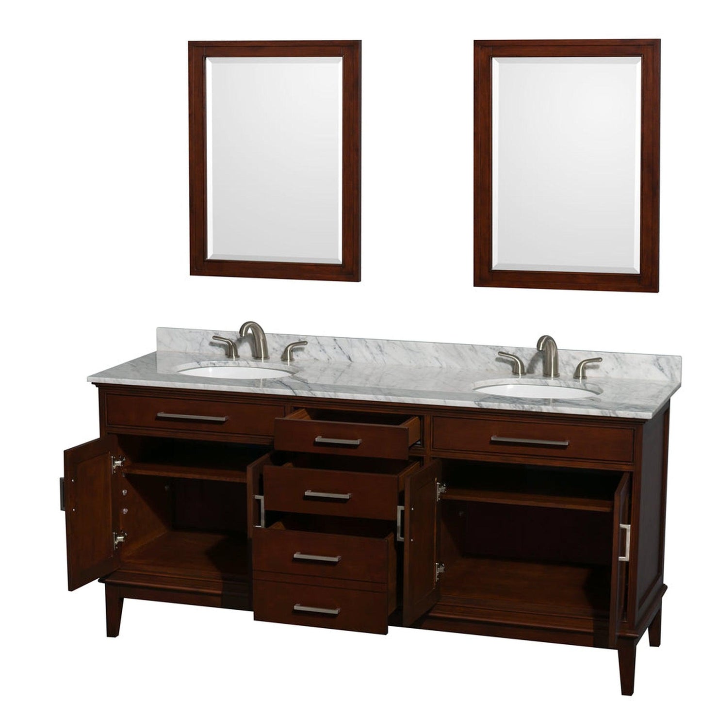 Wyndham Collection Hatton 72" Double Bathroom Vanity in Dark Chestnut, White Carrara Marble Countertop, Undermount Oval Sinks, and 24" Mirror