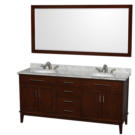Wyndham Collection Hatton 72" Double Bathroom Vanity in Dark Chestnut, White Carrara Marble Countertop, Undermount Oval Sinks, and 70" Mirror