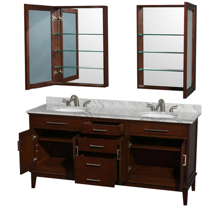 Wyndham Collection Hatton 72" Double Bathroom Vanity in Dark Chestnut, White Carrara Marble Countertop, Undermount Oval Sinks, and Medicine Cabinet