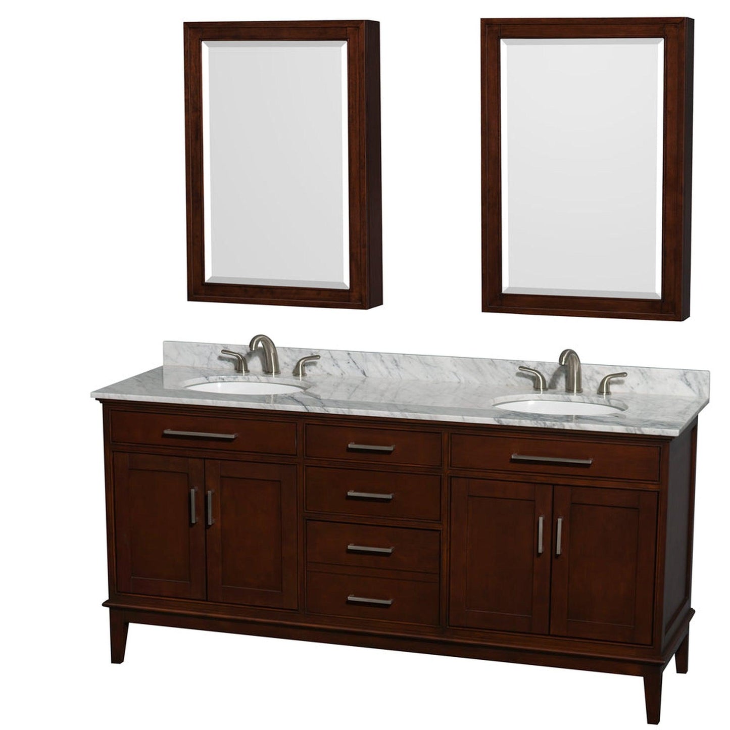 Wyndham Collection Hatton 72" Double Bathroom Vanity in Dark Chestnut, White Carrara Marble Countertop, Undermount Oval Sinks, and Medicine Cabinet
