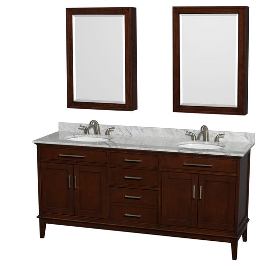 Wyndham Collection Hatton 72" Double Bathroom Vanity in Dark Chestnut, White Carrara Marble Countertop, Undermount Oval Sinks, and Medicine Cabinet