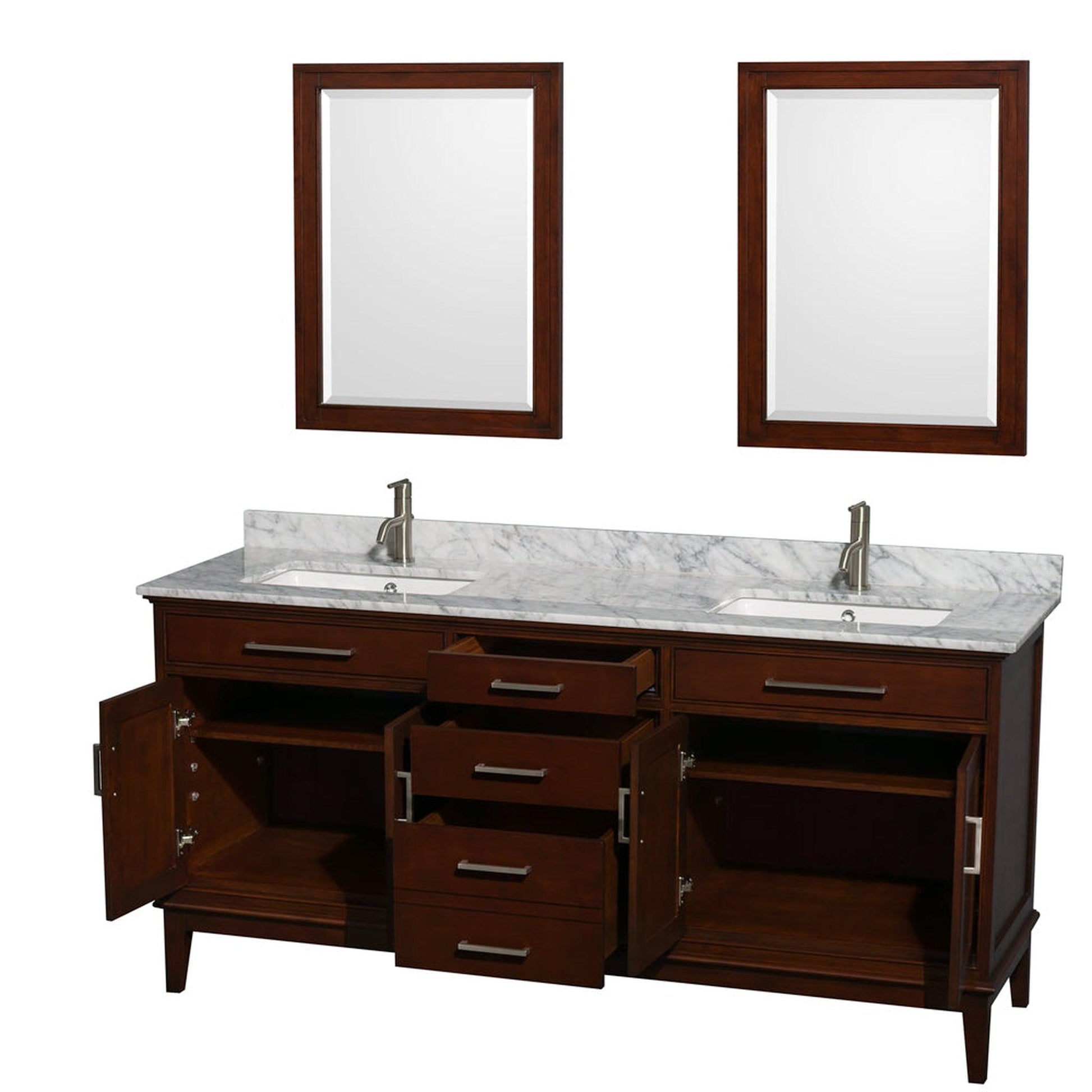 Wyndham Collection Hatton 72" Double Bathroom Vanity in Dark Chestnut, White Carrara Marble Countertop, Undermount Square Sinks, and 24" Mirror