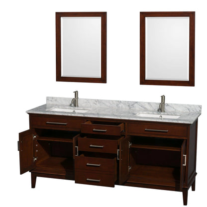 Wyndham Collection Hatton 72" Double Bathroom Vanity in Dark Chestnut, White Carrara Marble Countertop, Undermount Square Sinks, and 24" Mirror